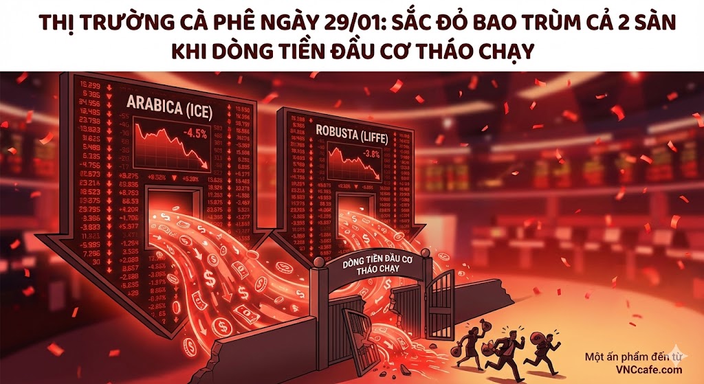 Thị trường cà phê ngày 29/01: Sắc đỏ bao trùm cả 2 sàn khi dòng tiền đầu cơ tháo chạy